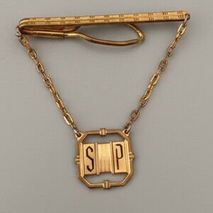 Vintage Gold Tie Clip with Chain Engraved 1940's - 50's